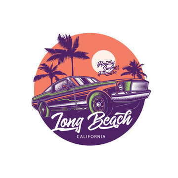 Original vector illustration in vintage style. Custom vintage car on the background of palm trees and the sun. Design a T-shirt, sticker, or poster.
