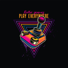 Retro joystick from 8-bit consoles. Vector illustration in neon style. T-shirt design, design element. © artmarsa
