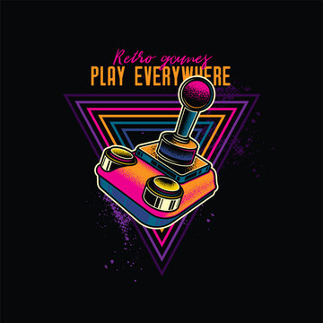 Retro joystick from 8-bit consoles. Vector illustration in neon style. T-shirt design, design element.