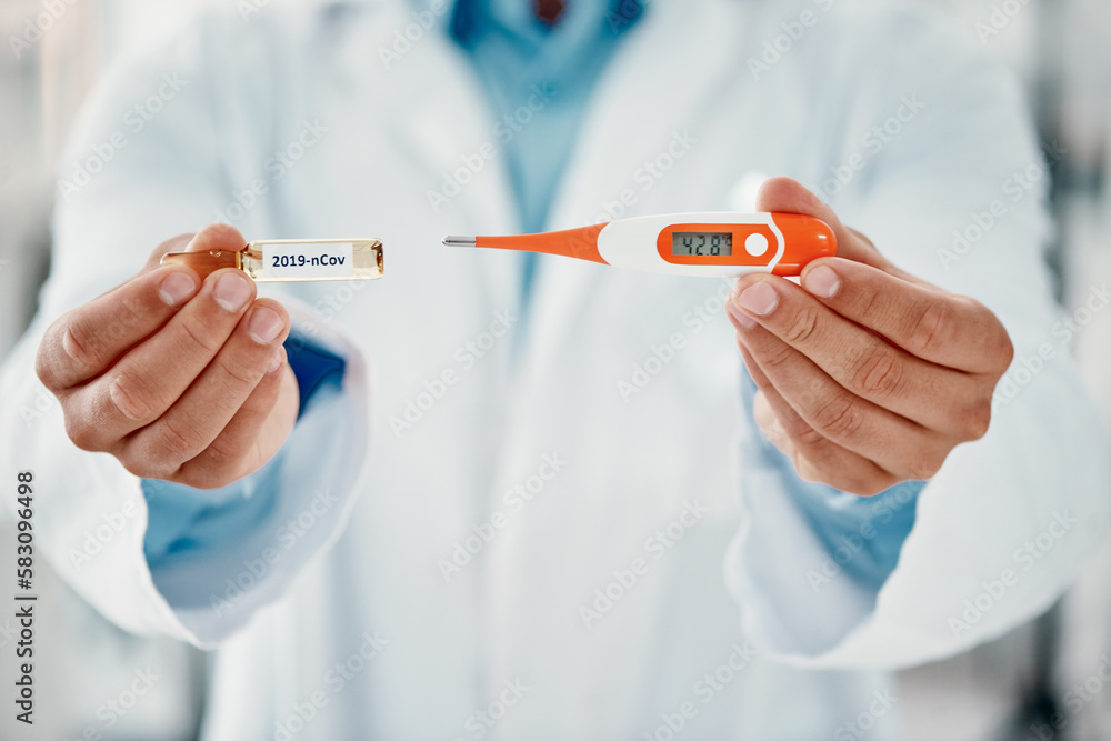 Poster fight off the infection with this. a scientist holding an ampoule with 2019-ncov on it and a thermom