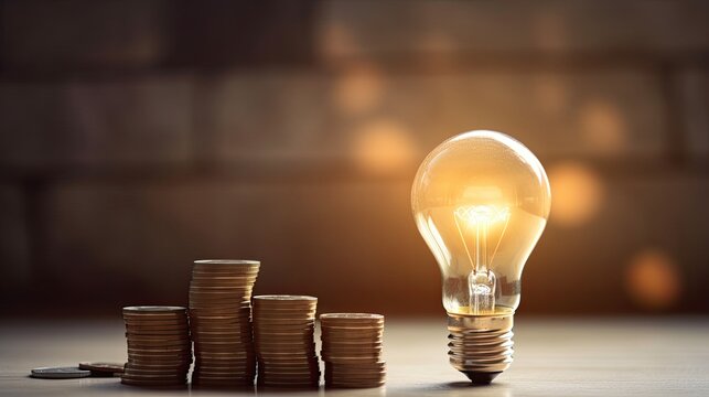 Light bulb with stack of coins.  concepts of money-saving, finance, and investment. Generative AI