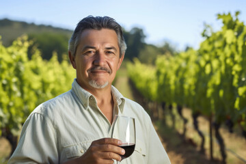 Naklejka na ściany i meble Portrait of a winemaker holding glass of wine in front of vineyard