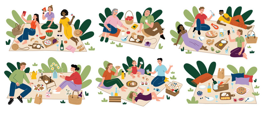 People enjoying picnic in summer. Collection of hand drawn scenes with friends, families spend time outdoors, cartoon picnic blankets and baskets set. Vector illustration of eating, having fun outside