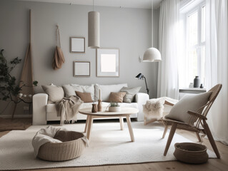 Comfy scandinavian interior living room design with furniture and decorations. Generative AI
