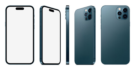 new smartphone frameless blue color with blank screen saver front and backside view isolated on white background. mockup of realistic new mobile phone with shadow. vector 3d isometric illustration