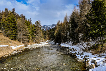 Champf&egrave;r, St. Moritz, Inn, Fluss, Lej Marsch, Wald, Wanderweg, Wintersport, Oberengadin, Langlauf, Schanze, Alpen, St. Moritzersee, Lej da Champf&egrave;r, Winter, Schweiz