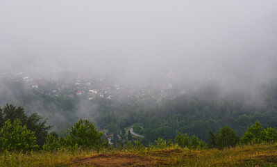 fog under carpathian mountains