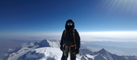 The top of the world. An adventure mountain climber at the summit of a high altitude mountain. Beautiful blue earth atmosphere background and snowy mountains. Generative AI.  