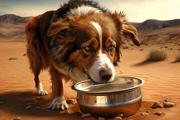 a sad looking dog stands next to a water bowl in the desert. Generative AI