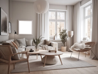 Fototapeta premium Stylish scandinavian living room with beautiful furniture and decor. Generative AI
