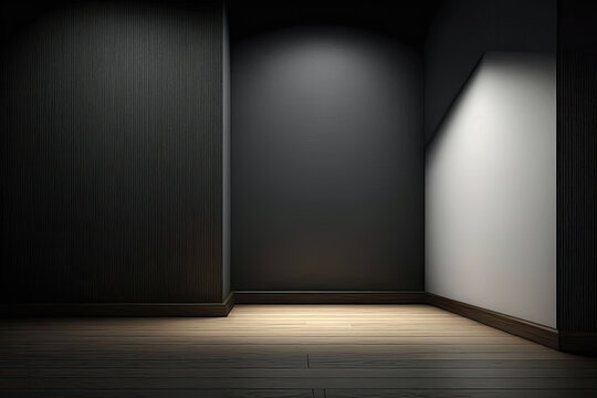 A dark room with a wooden floor and walls painted black with light coming in from a window. template for designers. Generative AI