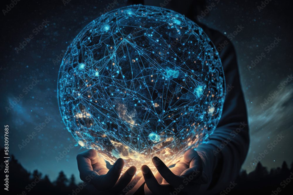 Aufkleber man holds an abstract ball symbolizing technology in his hands. Generative AI