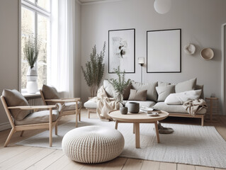 Comfy scandinavian interior living room design with furniture and decorations. Generative AI