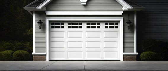 A typical garage door background. A typical American white garage door with a driveway in front. Generative AI.  - obrazy, fototapety, plakaty