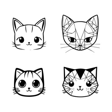 cute anime cat head collection set hand drawn line art illustration