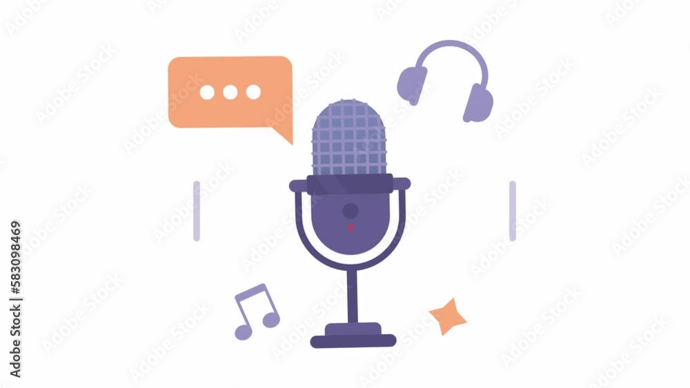 Poster animated audio entertainment. podcast hosting platform. recording on mic device. 2d cartoon flat ico