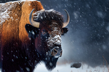 A buffalo under the snow in winter - generative ai