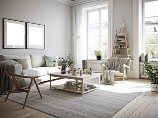Fototapeta na wymiar Stylish scandinavian living room with beautiful furniture and decor. Generative AI