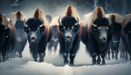 A herd of bison under the snow in winter - generative ai - obrazy, fototapety, plakaty