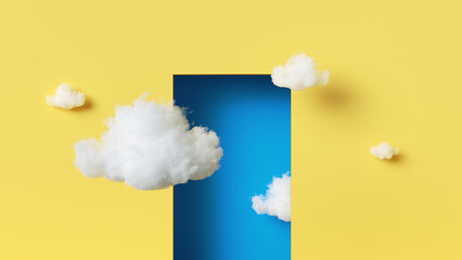 3d rendering, abstract minimalist geometric background. White clouds fly outside the blue doorway...