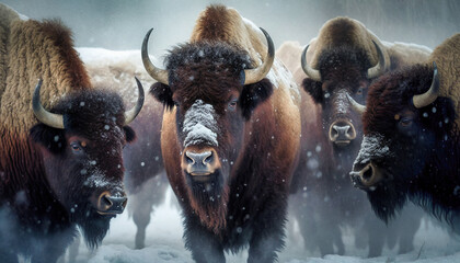 A herd of bison under the snow in winter - generative ai