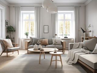 Fototapeta na wymiar Comfy scandinavian interior living room design with furniture and decorations. Generative AI