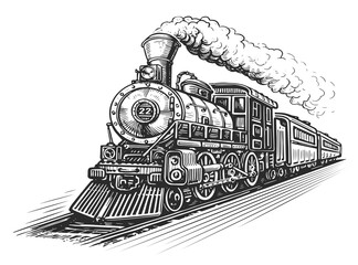 Hand drawn moving retro train, sketch illustration. Vintage railway steam locomotive in style of old engraving - obrazy, fototapety, plakaty
