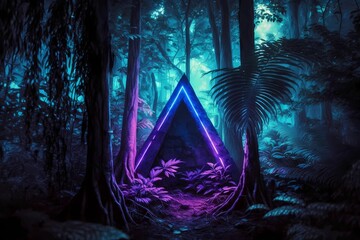 Fototapeta premium Bright purple neon triangle in the forest, in the jungle. Background with smoke. Generative AI