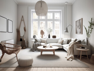 Comfy scandinavian interior living room design with furniture and decorations. Generative AI