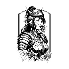 A fierce Japanese samurai girl illustrated in Hand drawn line art, showcasing her upper body with intricate details and bold strokes
