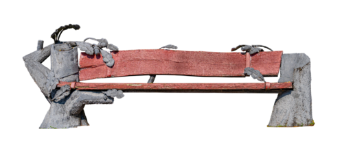 A fabulous wooden and metal bench for relaxing in a city park on a summer sunny day isolated on white transparent background.