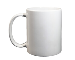 White ceramic cylindrical mug cup with handle close-up isolated on a transparent background clean for layout and design, inscriptions and pictures.