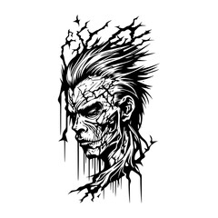 A scary zombie head illustration perfect for Halloween with intricate line art details, Hand drawn for a unique and creepy vibe