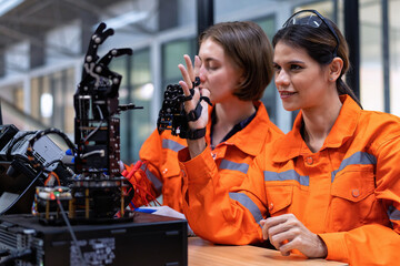 Fototapeta na wymiar Girl engineer doing robot project testing cyborg hand control signal as high technology innovation