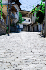 Old stone street with traditional albanian houses in Gjirokastra, stock photo