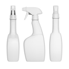 Front and side views of white, blank plastic spray bottle / container with no label, image without background.	 
