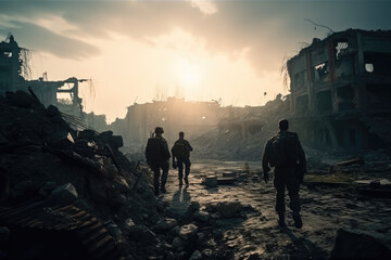 Fototapeta premium Soldiers in walking through destroyed city created with AI 