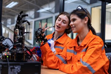 Girl engineer doing robot project testing cyborg hand control signal as high technology innovation