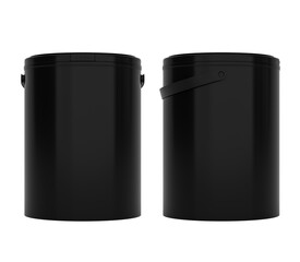 Front and side views of white, blank 1l plastic paint can / bucket / container with handle, with no label, image without background.	 

