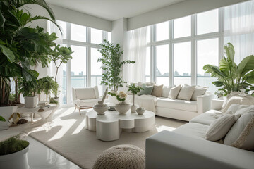 Fototapeta premium Large airy livingroom interior with windows open to the ocean and lots of plants