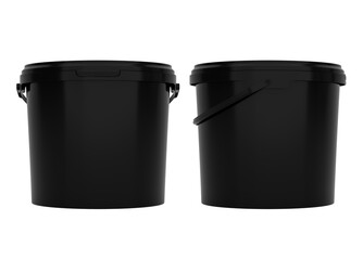 Front and side views of black, blank 5l plastic paint can / bucket / container with handle, with no label, image without background.	 
