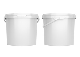 Front and side views of white, blank 5l plastic paint can / bucket / container with handle, with no label, image without background.	 
