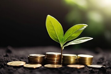 Plant growing with coins, representing the concepts of money-saving, finance, and investment. Generative AI

