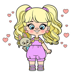 Cute cartoon girl with toy bunny in hand color variation for coloring page on a white background