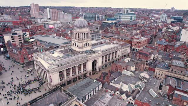 birds-eye view of Nottingham City Center, Old Market Square, United Kingdom. High quality 4k footage