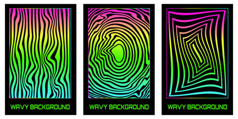 Vector set of hippie trippy acid backgrounds in trendy 70s style. Psychedelic acid rainbow vertical posters.Vector illustration