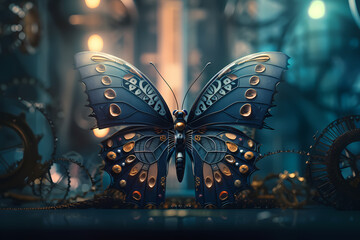 Fototapeta na wymiar Schmetterling mit vielen Details in Zauberwelt, Phantasie blaue Flügel, generiert mit KI