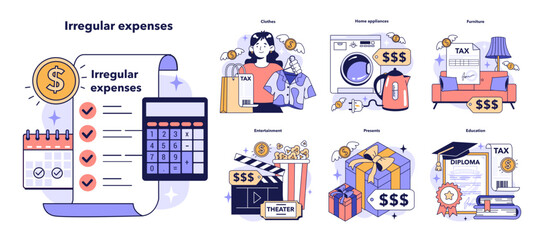 Family budgeting set. Personal currency balance management, keeping