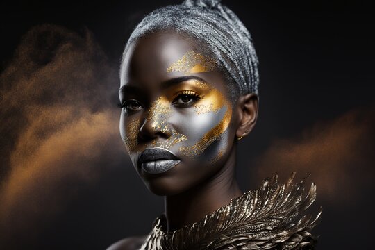 Young African American model with silver and gold makeup and body art on a black background with smoke. generative AI