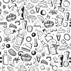 Cake and drink element in trendy psychedelic style seamless vector pattern